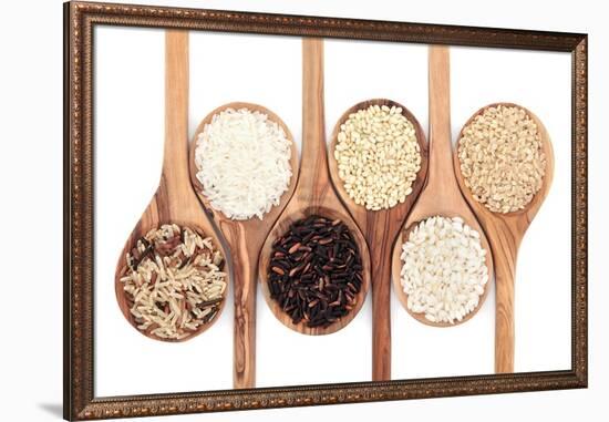 Rice Varieties In Olive Wood Spoons Over White Background-marilyna-Framed Premium Giclee Print