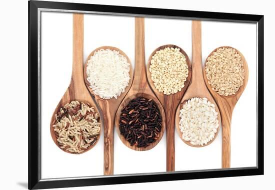 Rice Varieties In Olive Wood Spoons Over White Background-marilyna-Framed Premium Giclee Print