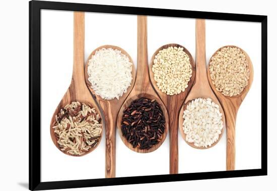 Rice Varieties In Olive Wood Spoons Over White Background-marilyna-Framed Premium Giclee Print