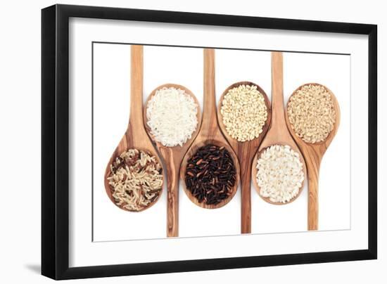 Rice Varieties In Olive Wood Spoons Over White Background-marilyna-Framed Art Print