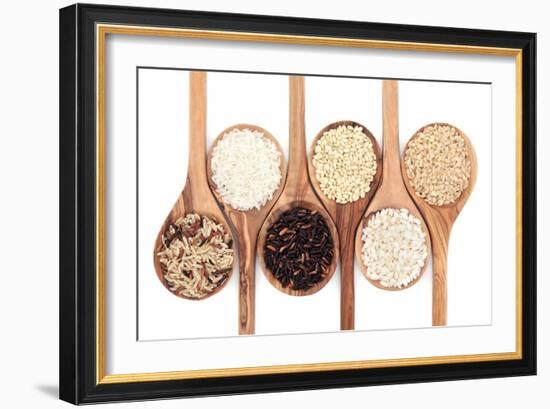 Rice Varieties In Olive Wood Spoons Over White Background-marilyna-Framed Art Print