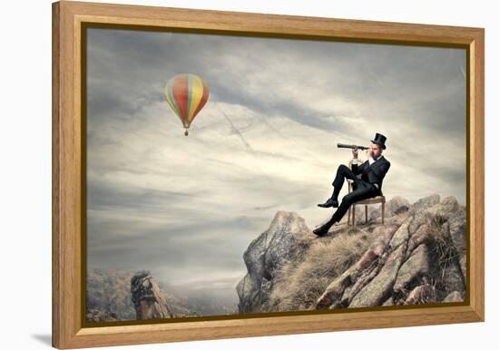Rich Businessman Sitting On A Chair In The Mountain Looking The Landscape With Spyglass-olly2-Framed Stretched Canvas
