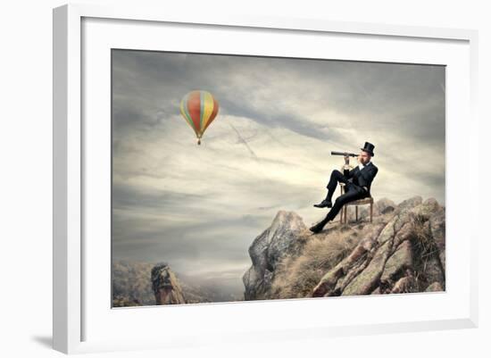 Rich Businessman Sitting On A Chair In The Mountain Looking The Landscape With Spyglass-olly2-Framed Premium Giclee Print