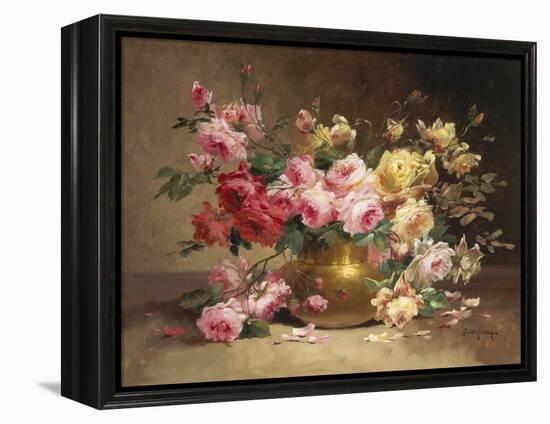 Rich Still Life of Pink and Yellow Roses-Alfred Godchaux-Framed Premier Image Canvas