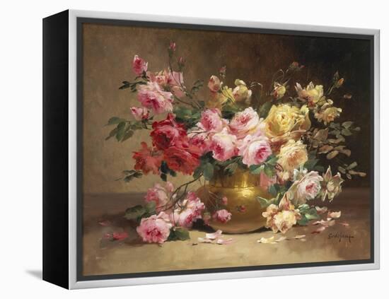 Rich Still Life of Pink and Yellow Roses-Alfred Godchaux-Framed Premier Image Canvas