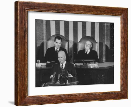 Richard M. Nixon, Sam Rayburn and Pres. Dwight D. Eisenhower During the Opening of Congress-Ed Clark-Framed Photographic Print