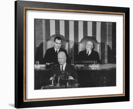 Richard M. Nixon, Sam Rayburn and Pres. Dwight D. Eisenhower During the Opening of Congress-Ed Clark-Framed Photographic Print