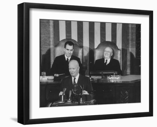 Richard M. Nixon, Sam Rayburn and Pres. Dwight D. Eisenhower During the Opening of Congress-Ed Clark-Framed Photographic Print