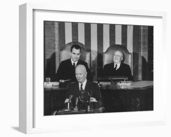 Richard M. Nixon, Sam Rayburn and Pres. Dwight D. Eisenhower During the Opening of Congress-Ed Clark-Framed Photographic Print