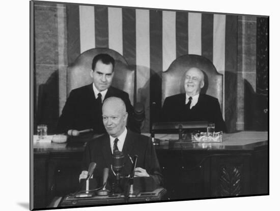 Richard M. Nixon, Sam Rayburn and Pres. Dwight D. Eisenhower During the Opening of Congress-Ed Clark-Mounted Photographic Print