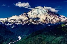A Majestic Wide Angle View of Snow Capped Mount Rainier and a Deep River Valley-Richard McMillin-Photographic Print