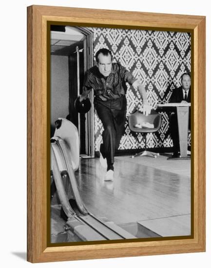 Richard Nixon Bowling at the White House Bowling Alley, 1970-null-Framed Stretched Canvas