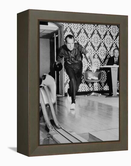 Richard Nixon Bowling at the White House Bowling Alley, 1970-null-Framed Stretched Canvas