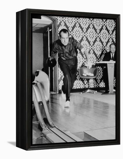 Richard Nixon Bowling at the White House Bowling Alley, 1970-null-Framed Stretched Canvas