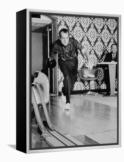 Richard Nixon Bowling at the White House Bowling Alley, 1970-null-Framed Stretched Canvas