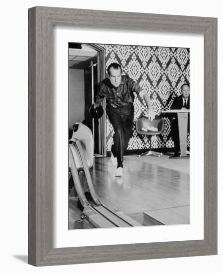 Richard Nixon Bowling at the White House Bowling Alley, 1970-null-Framed Photo