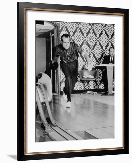 Richard Nixon Bowling at the White House Bowling Alley, 1970-null-Framed Photo