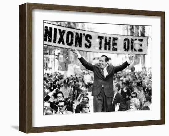 Richard Nixon, Delivering His the 'V' for Victory Sign-null-Framed Photo