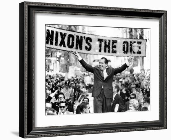 Richard Nixon, Delivering His the 'V' for Victory Sign-null-Framed Photo