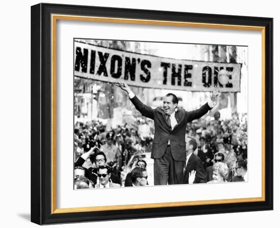 Richard Nixon, Delivering His the 'V' for Victory Sign-null-Framed Photo