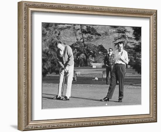 Richard Nixon Playing Golf with His Celebrity Friends Fred Macmurray and Bob Hope. Jan. 18 1970-null-Framed Photo