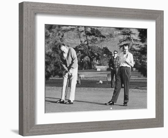 Richard Nixon Playing Golf with His Celebrity Friends Fred Macmurray and Bob Hope. Jan. 18 1970-null-Framed Photo