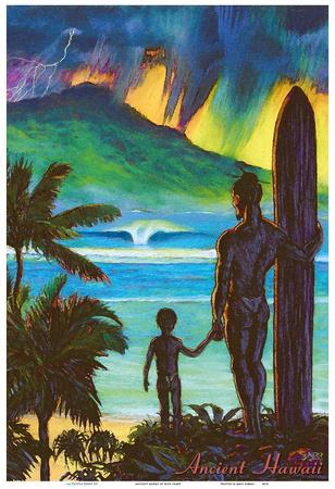 Hawaiian Surfer with Keiki Son Vintage Travel Poster Print Rick Sharp