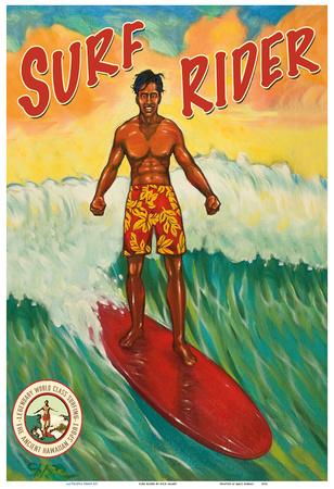 Hawaiian Surfer with Keiki Son Vintage Travel Poster Print Rick Sharp