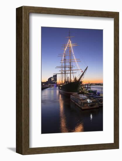 Rickmer Rickmers museum ship and Elbphilharmonie at sunrise, HafenCity, Hamburg, Hanseatic City, Ge-Markus Lange-Framed Photographic Print