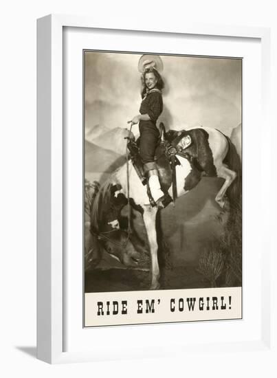 Ride 'Em Cowgirl, Woman on Bucking Horse-null-Framed Premium Giclee Print