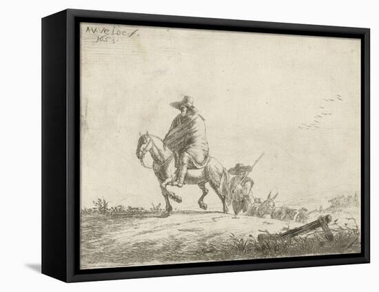 Rider and herdsman with cattle on a dirt road, 1653-Adriaen van de Velde-Framed Premier Image Canvas