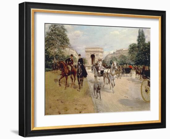 Riders and Coaches on Bois De Boulogne Avenue in Paris with the Arc De Triomphe in the Background-Georges Stein-Framed Giclee Print