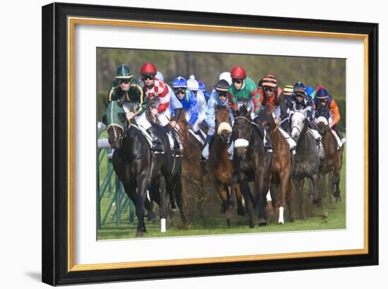 Riders and Racehorses Galloping around Racecourse-null-Framed Photographic Print