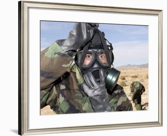 Rifleman Puts on His Gas Mask-Stocktrek Images-Framed Photographic Print