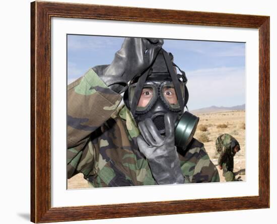 Rifleman Puts on His Gas Mask-Stocktrek Images-Framed Photographic Print