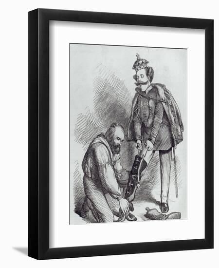 Right Leg in the Boot at Last, Caricature of Giuseppe Garibaldi and the King of Italy-null-Framed Giclee Print