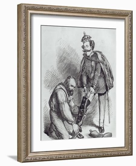 Right Leg in the Boot at Last, Caricature of Giuseppe Garibaldi and the King of Italy-null-Framed Giclee Print