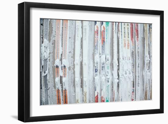 Rime Covered Skis Mounted To The Wall Of Corbet's Cabin At Top Of Jackson Hole Mt Resort, Wyoming-Jay Goodrich-Framed Photographic Print
