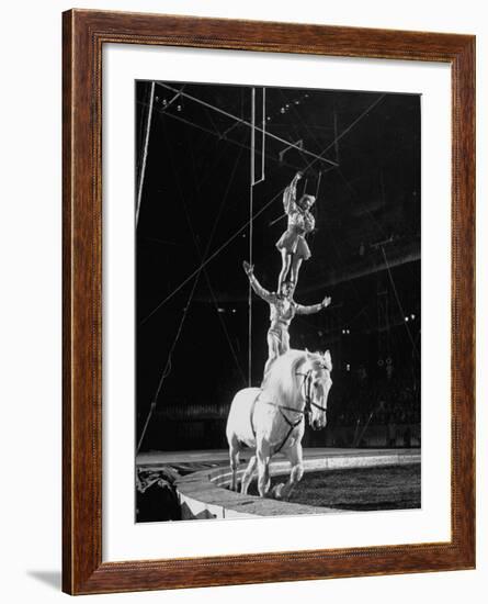 Ringling Brothers' Barnum and Bailey Circus Performers Riding on Back of Horse-Ralph Morse-Framed Photographic Print