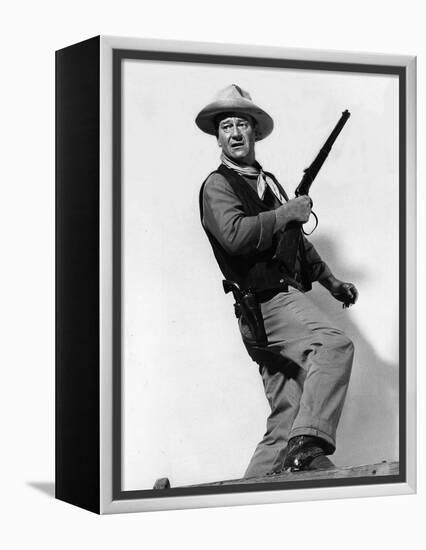 RIO BRAVO, 1959 directed by HOWARD HAWKS John Wayne (b/w photo)-null-Framed Stretched Canvas