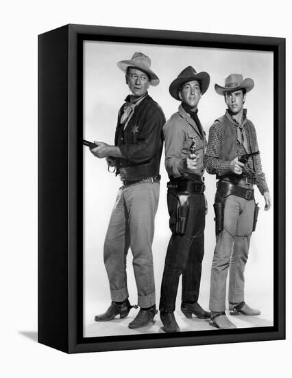 RIO BRAVO, 1959 directed by HOWARD HAWKS John Wayne, Dean Martin and Ricky Nelson (b/w photo)-null-Framed Stretched Canvas