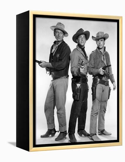 RIO BRAVO, 1959 directed by HOWARD HAWKS John Wayne, Dean Martin and Ricky Nelson (b/w photo)-null-Framed Stretched Canvas