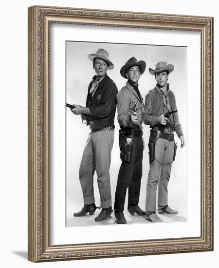 RIO BRAVO, 1959 directed by HOWARD HAWKS John Wayne, Dean Martin and Ricky Nelson (b/w photo)-null-Framed Photo