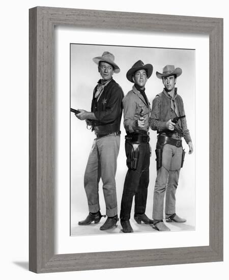 RIO BRAVO, 1959 directed by HOWARD HAWKS John Wayne, Dean Martin and Ricky Nelson (b/w photo)-null-Framed Photo