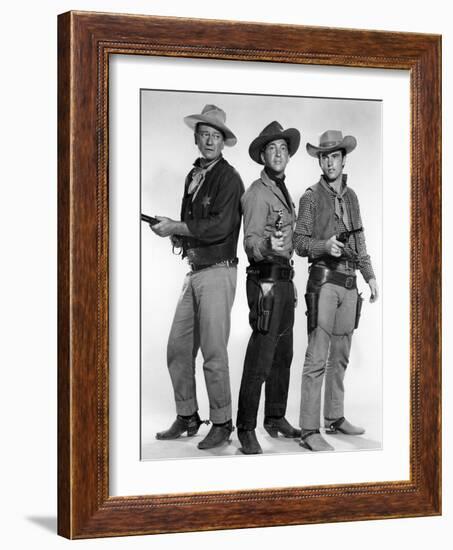 RIO BRAVO, 1959 directed by HOWARD HAWKS John Wayne, Dean Martin and Ricky Nelson (b/w photo)-null-Framed Photo