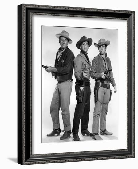 RIO BRAVO, 1959 directed by HOWARD HAWKS John Wayne, Dean Martin and Ricky Nelson (b/w photo)-null-Framed Photo