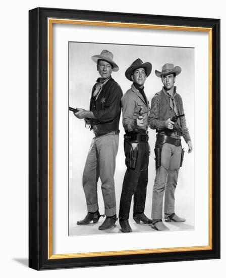 RIO BRAVO, 1959 directed by HOWARD HAWKS John Wayne, Dean Martin and Ricky Nelson (b/w photo)-null-Framed Photo