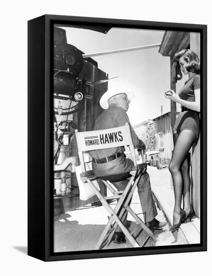 RIO BRAVO, 1959 directed by HOWARD HAWKS On the set, Hohard Hawks directs Angie Dickinson (b/w phot-null-Framed Stretched Canvas