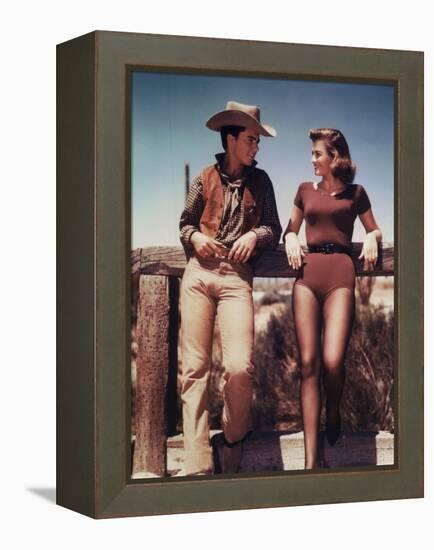 RIO BRAVO, 1959 directed by HOWARD HAWKS On the set, Ricky Nelson and Angie Dickinson (photo)-null-Framed Stretched Canvas