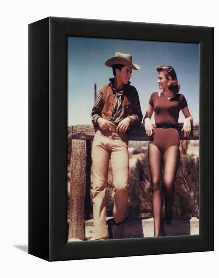 RIO BRAVO, 1959 directed by HOWARD HAWKS On the set, Ricky Nelson and Angie Dickinson (photo)-null-Framed Stretched Canvas